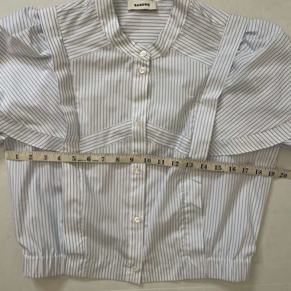 Sandro Yzeure Blue + White Cotton Striped Ruffled Cropped Shirt Size 4, Preppy - Picture 8 of 14
